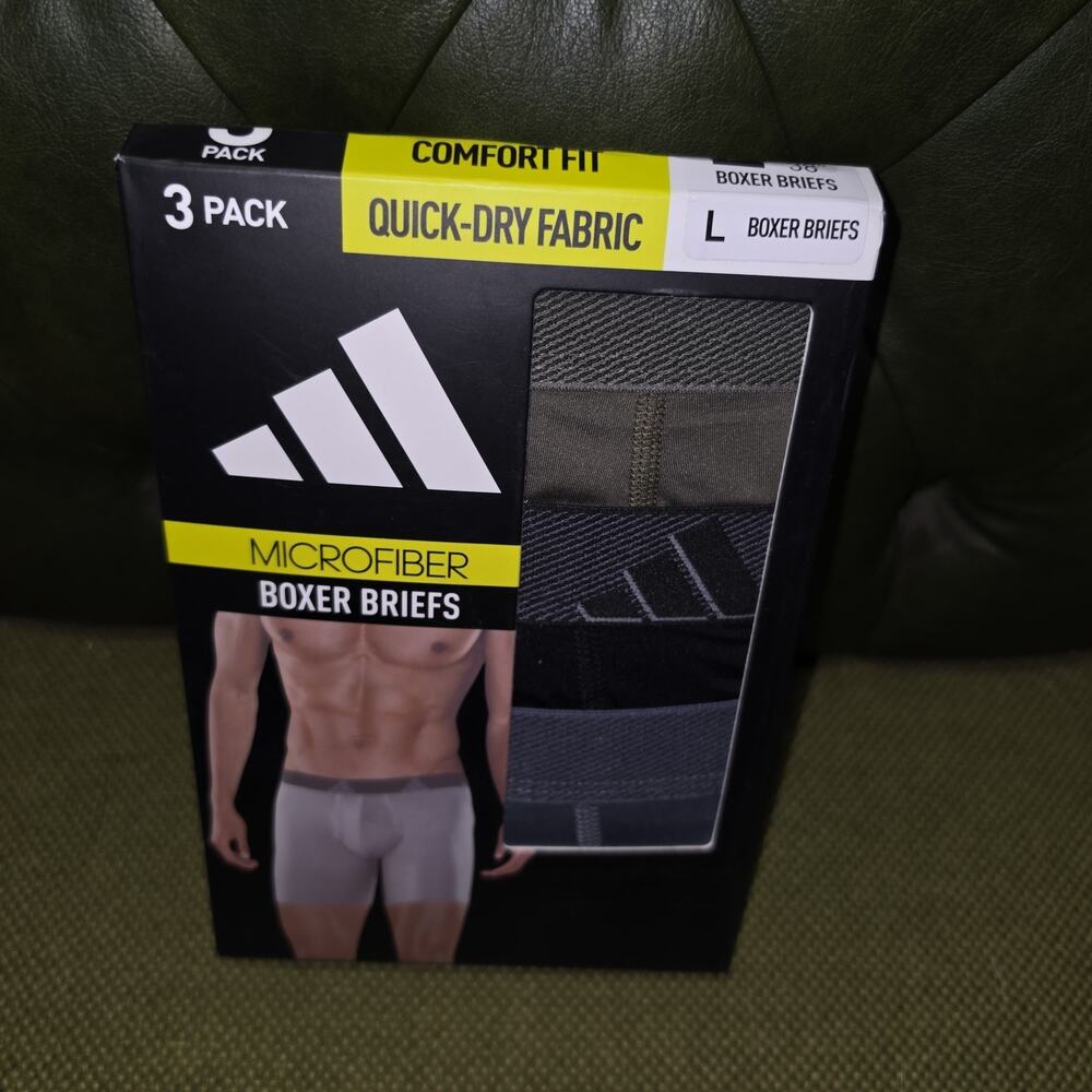 Adidas 3 pack Microfiber Boxer Briefs Quick Dry Fabric Large NWT Green Black Gra